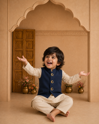 Cream Moon-Star Waistcoat Set (Navy Waistcoat) - lifestyle photo, archway backdrop