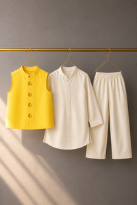 Cream Moon-Star Waistcoat Set (Yellow Waistcoat) - flat lay, waistcoat, kurta and pants