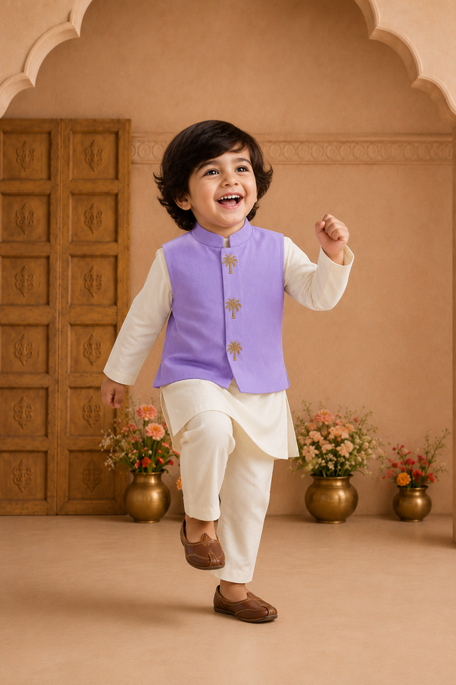 Cream Palm-Motif Waistcoat Set (Lilac Waistcoat) - lifestyle photo, archway backdrop