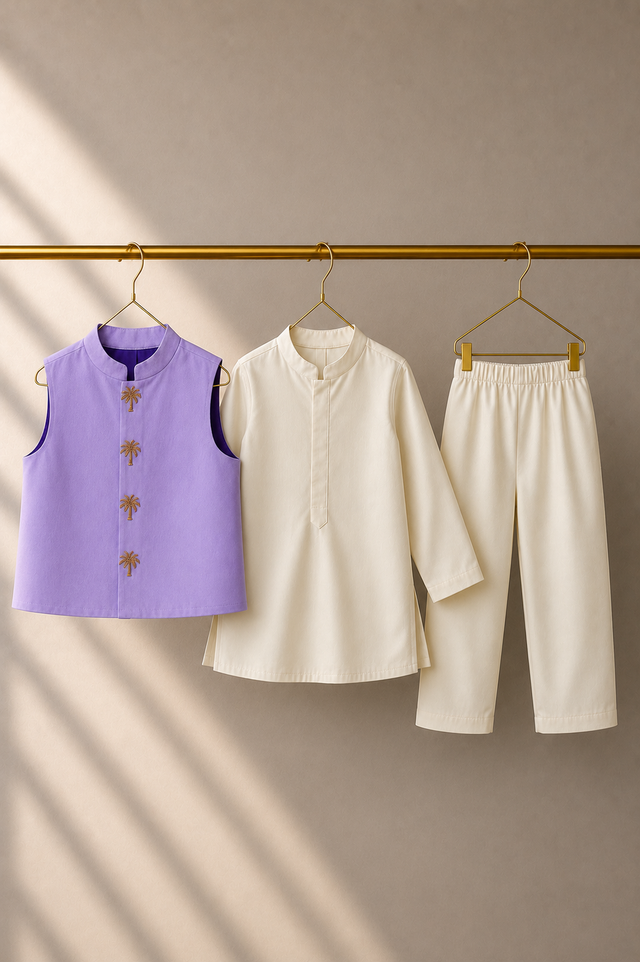 Cream Palm-Motif Waistcoat Set (Lilac Waistcoat) - flat lay, waistcoat, kurta and pants