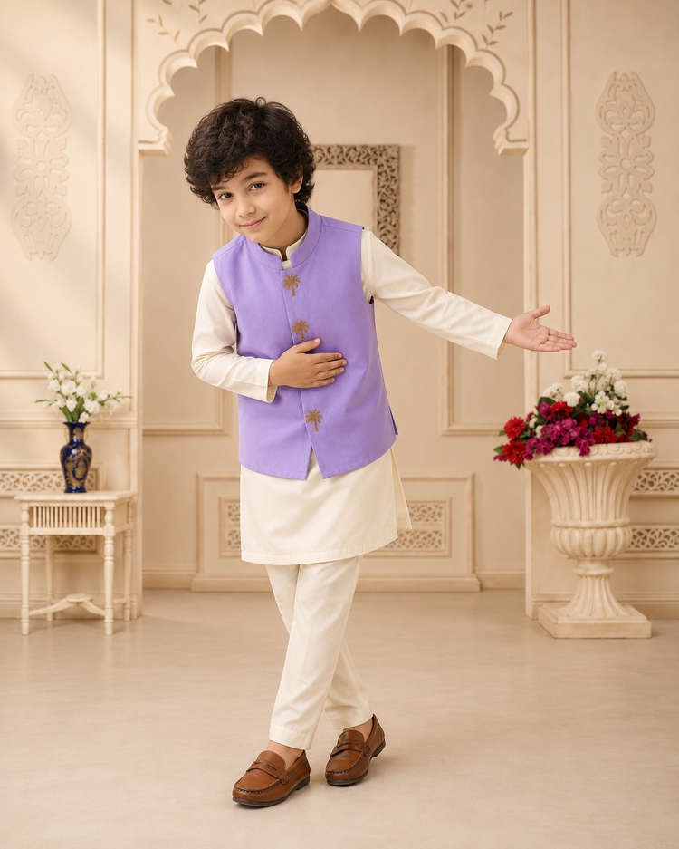 Cream palm-motif waistcoat set with lilac waistcoat by Anaario