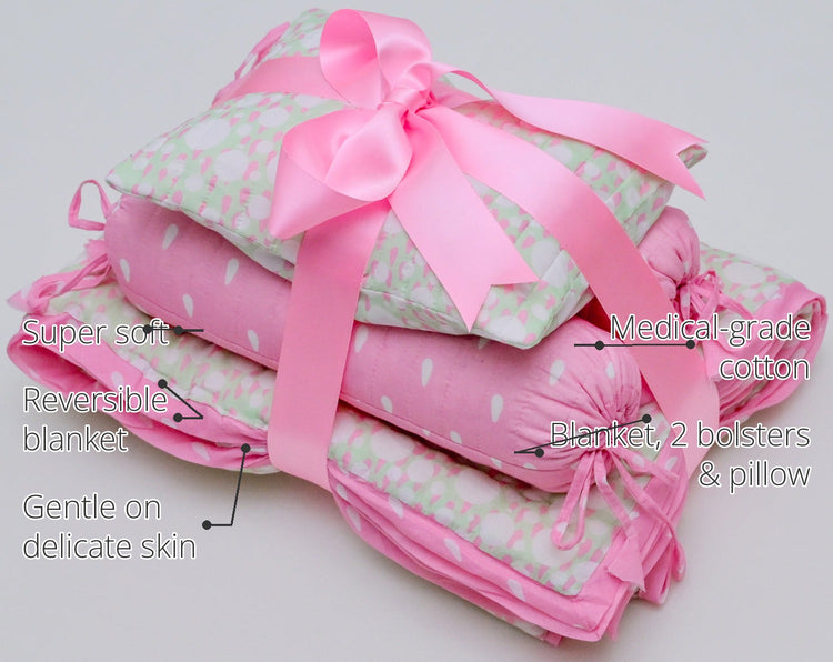 Snuggles and Cuddles Baby Blanket Gift Bundle (Ivory and Rose Poppy Raindrops) features