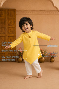 Yellow Moon-Star Asymmetrical Boys' Kurta features