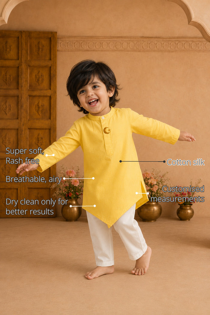 Yellow Moon-Star Asymmetrical Boys' Kurta features