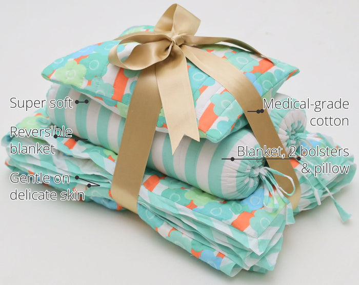 Snuggles and Cuddles Baby Blanket Gift Bundle (Blue and Tangerine Florals) features