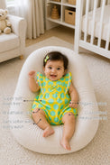 Yellow Aqua Polka Dot Frill Baby Romper features