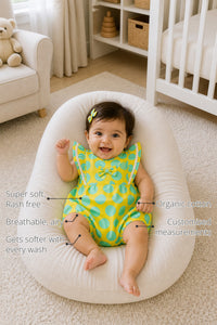 Yellow Aqua Polka Dot Frill Baby Romper features
