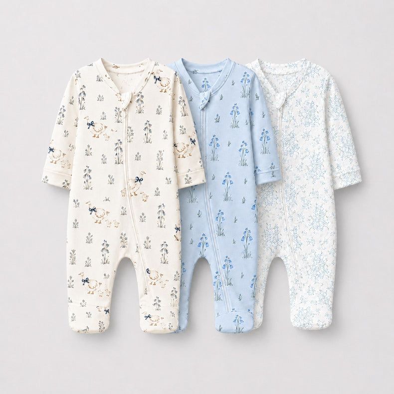 Duck & Meadow bamboo baby sleepsuit combo — coordinating full-sleeve two-way zip romper onesies