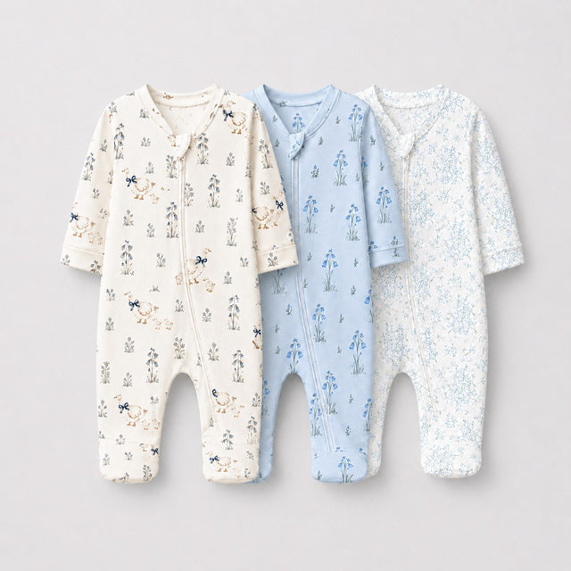 Duck & Meadow bamboo baby sleepsuit combo — coordinating full-sleeve two-way zip romper onesies