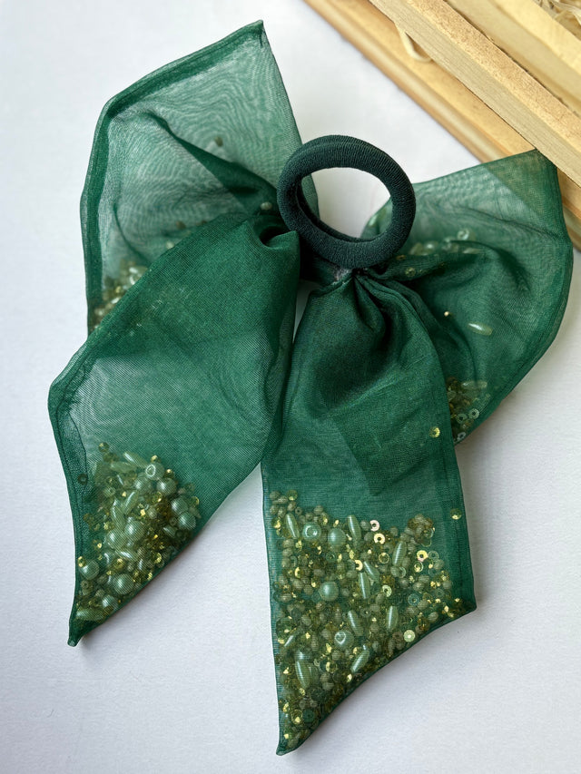 Anaario Emerald Green Beaded Bow Hair Tie, emerald green beaded bow hair tie for kids