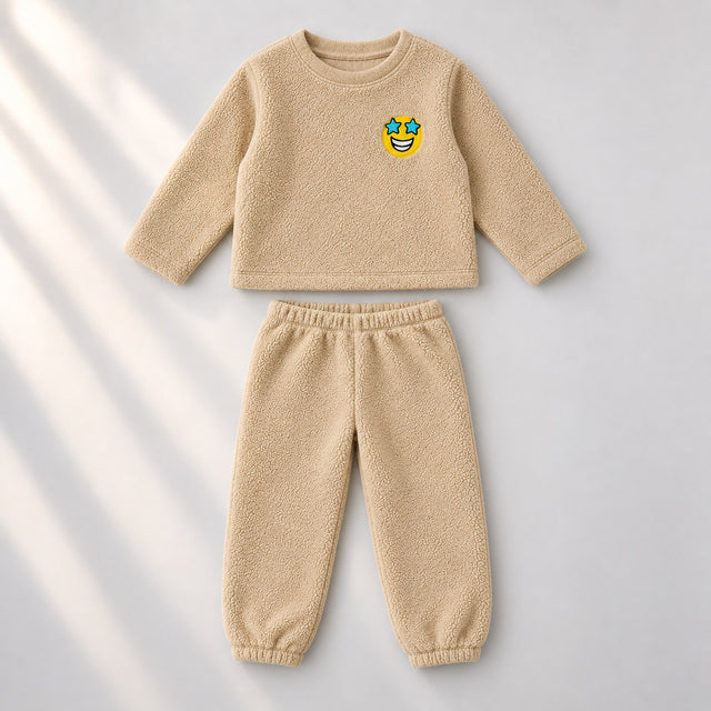 Beige Smiley Fleece Set top and bottom by Anaario