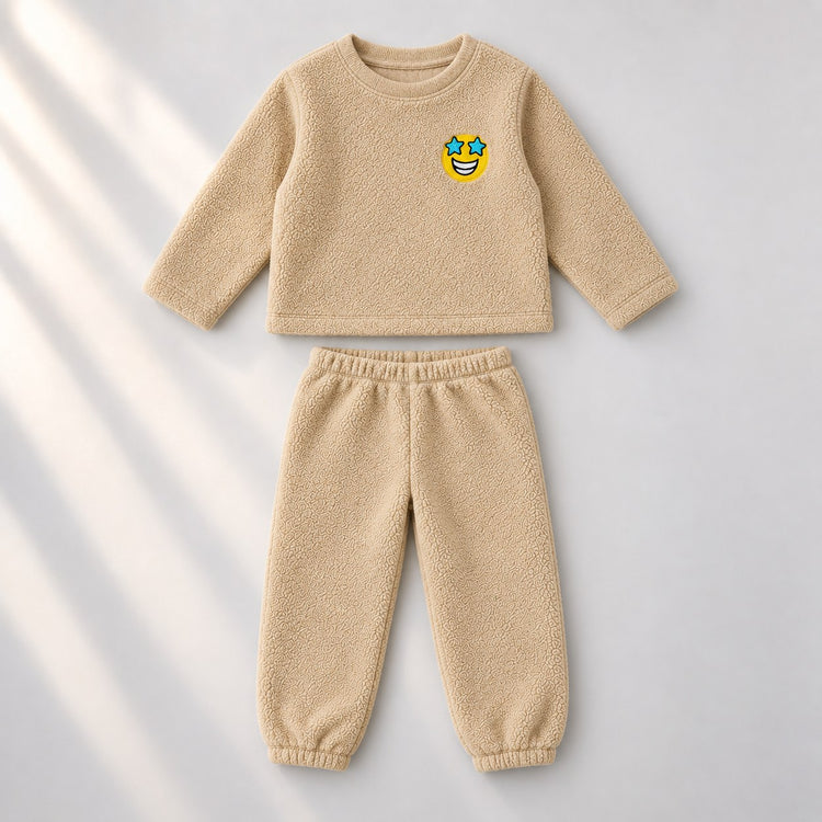 Beige Smiley Fleece Set top and bottom by Anaario