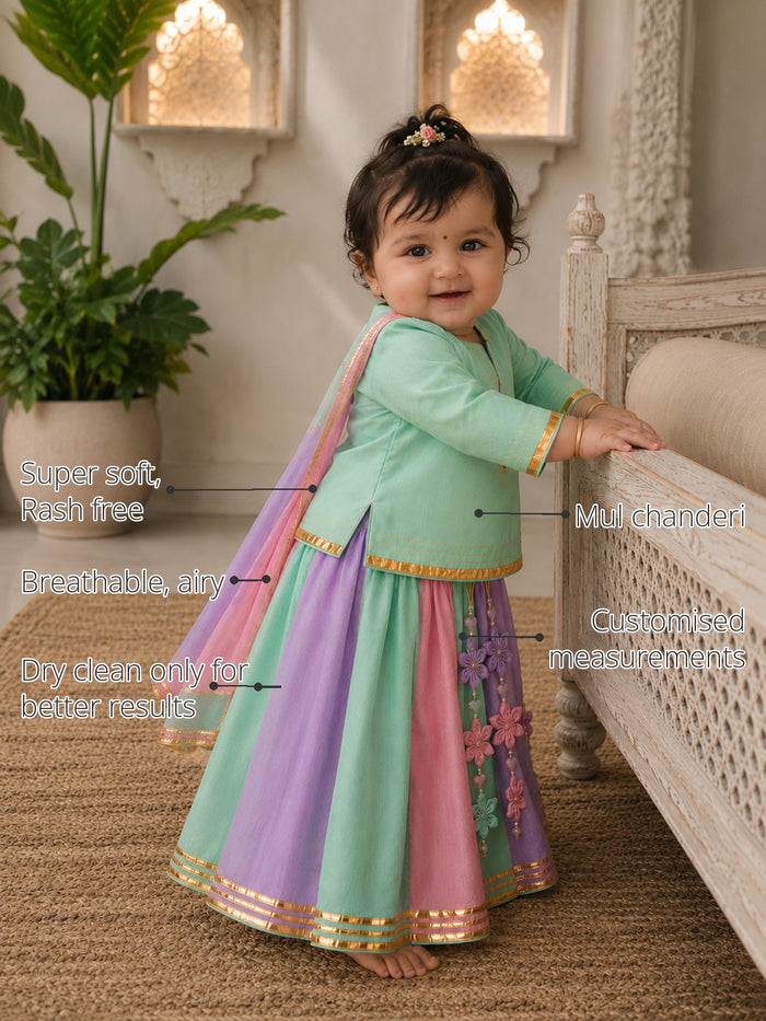 Mint Lilac Pink Baby Lehenga Set features