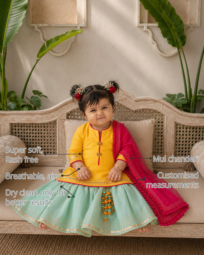 Yellow Mint Baby Lehenga Set features