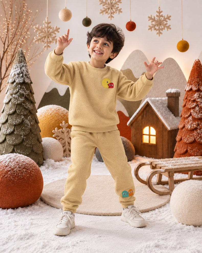 Beige Pac-Man Fleece Set for kids by Anaario – winter fleecewear