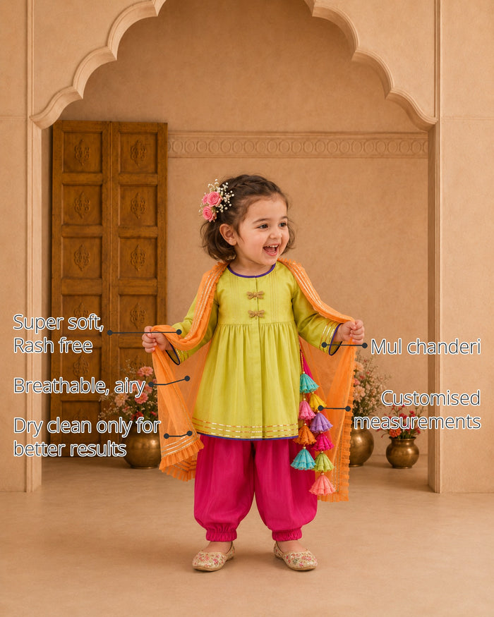 Lime Green Dragonfly Girls' Patiala Salwar Set features