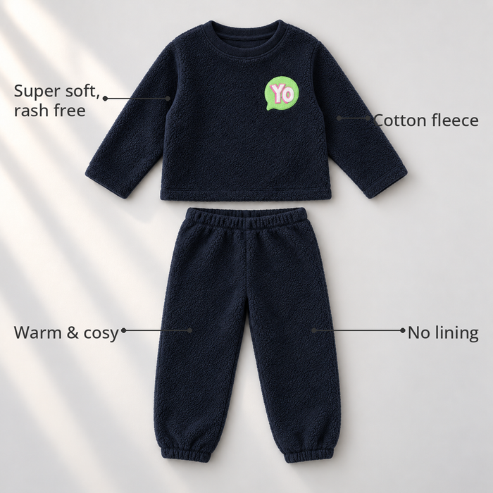 Navy YO Fleece Set feature highlights by Anaario – super soft, warm cotton fleece, no lining