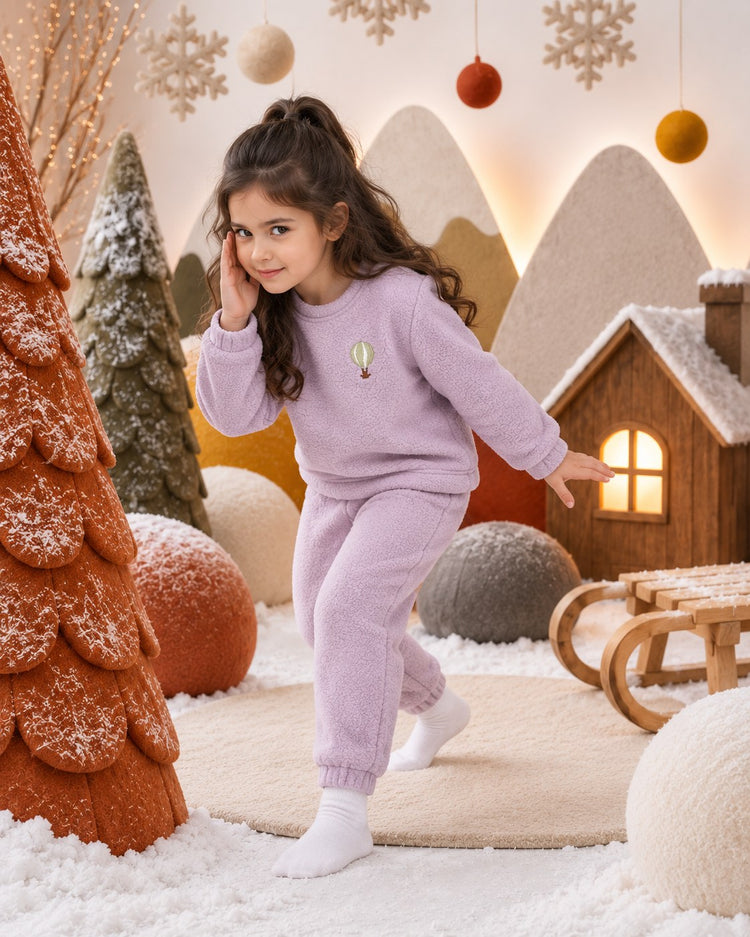 Lavender Hot Air Balloon Fleece Set on child by Anaario – winter fleecewear