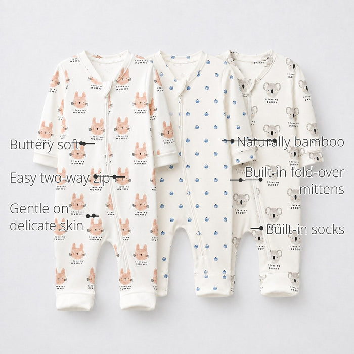 Woodland Bunny Bamboo Baby Sleepsuit – Zip Romper Onesie Combo features