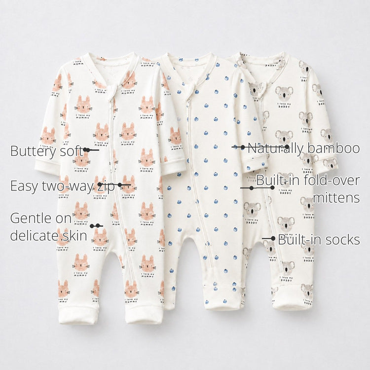 Woodland Bunny Bamboo Baby Sleepsuit – Zip Romper Onesie Combo features