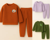 Fleece set combo – rust set with fish patch, lilac set with balloon patch, and olive green set with dinosaur patch