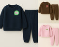 Fleece set combo – navy set with YO patch, olive brown set with mushroom patch, and pink set with frog patch