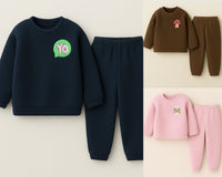 Fleece set combo – navy set with YO patch, olive brown set with mushroom patch, and pink set with frog patch