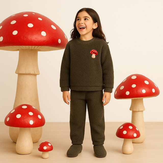 Girl wearing olive brown fleece set with mushroom patch