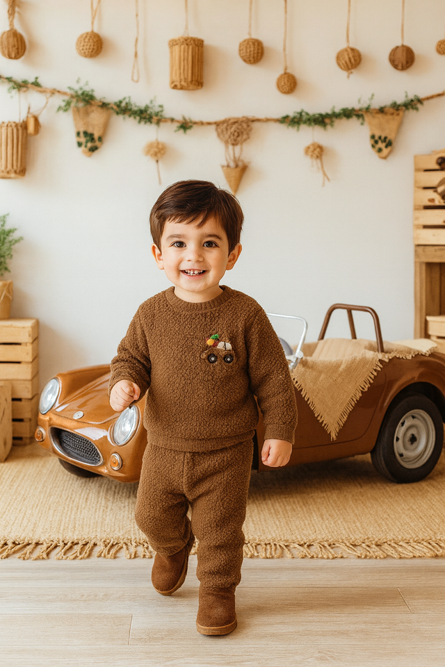 Baby boy wearing brown fleece set with car patch