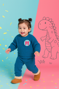 Toddler girl wearing blue fleece set with letter M patch