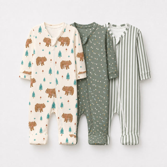 Forest Bear bamboo baby sleepsuit combo — coordinating full-sleeve two-way zip romper onesies