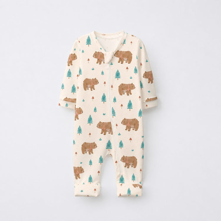 Forest Bear bamboo cotton baby sleepsuit — bamboo cotton onesie romper flatlay