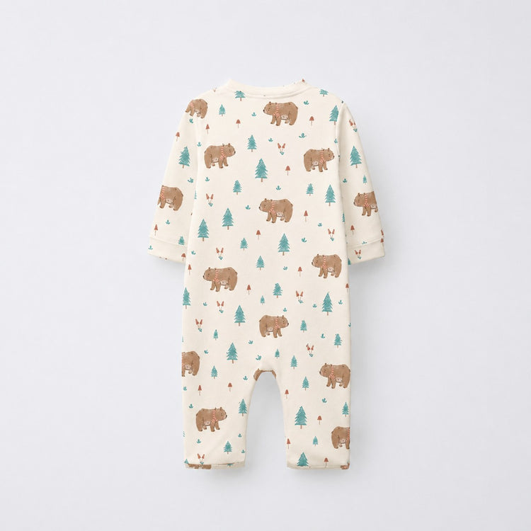 Forest Bear bamboo cotton baby sleepsuit — zip romper onesie detail
