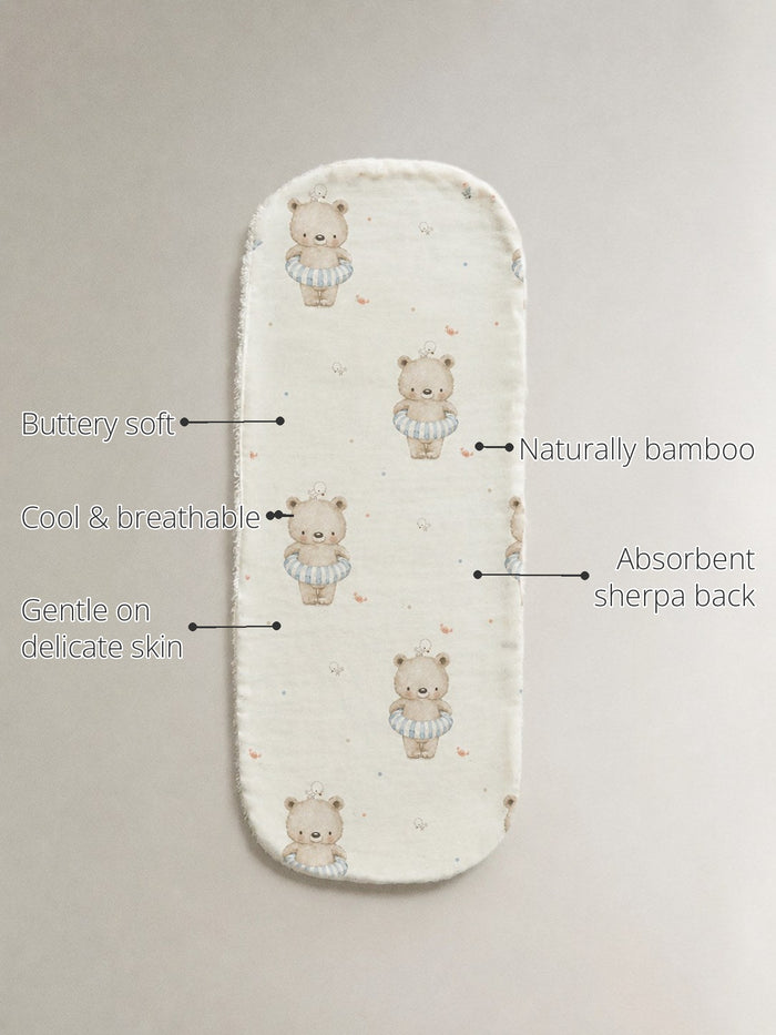 Floater Teddy Bamboo Baby Burp Cloth features