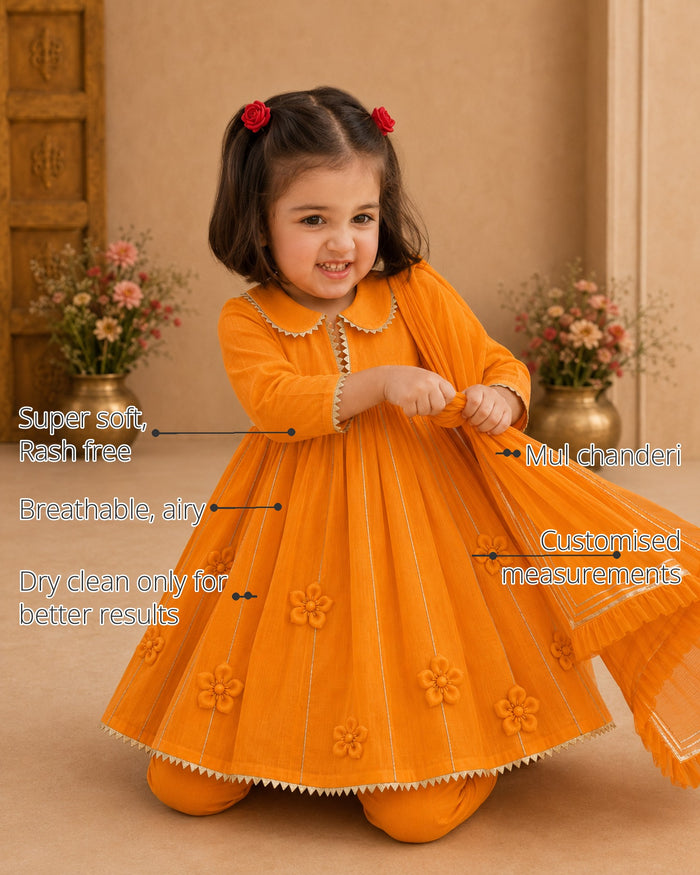 Orange Girls' Anarkali Set features