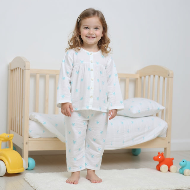 Girl wearing Anaario Blue Palm Leaves Night Suit