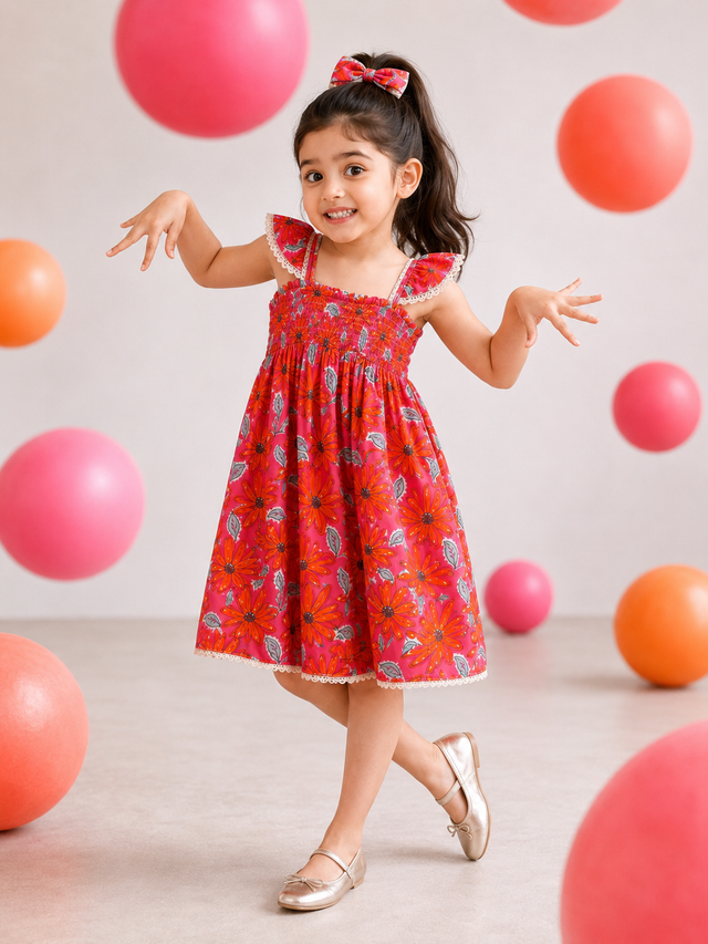 Girl wearing Anaario Coral Garden Smocked Dress