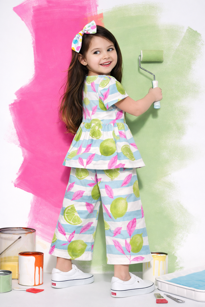 Girl wearing Anaario Neon Limes and Leaves Co-ord Set