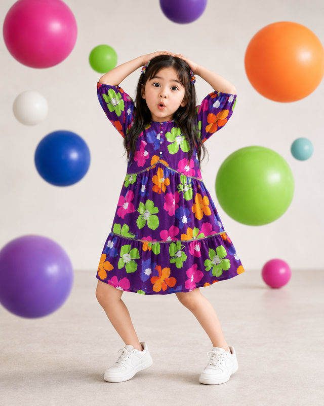 Girl wearing Anaario Purple Bloom Tiered Dress