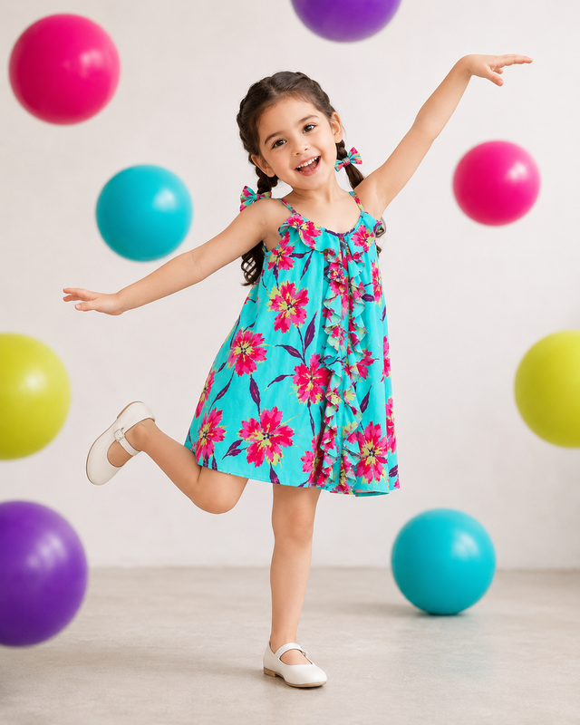 Girl wearing Anaario Turquoise Ruffle Floral Dress