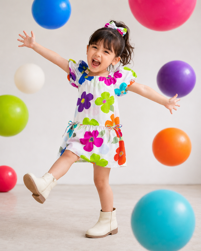 Girl wearing Anaario Big Bloom Puff Sleeve Dress