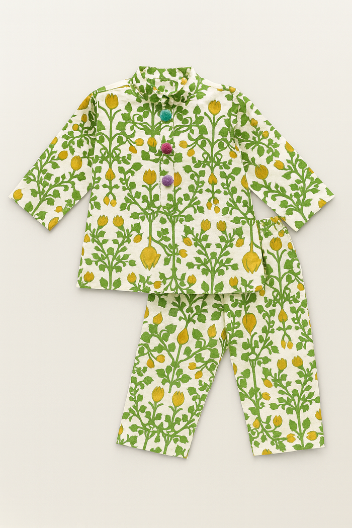 Girl wearing Anaario Yellow Green Cotton Co-ord Set