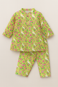 Girl wearing Anaario Yellow Parrot Cotton Co-ord Set