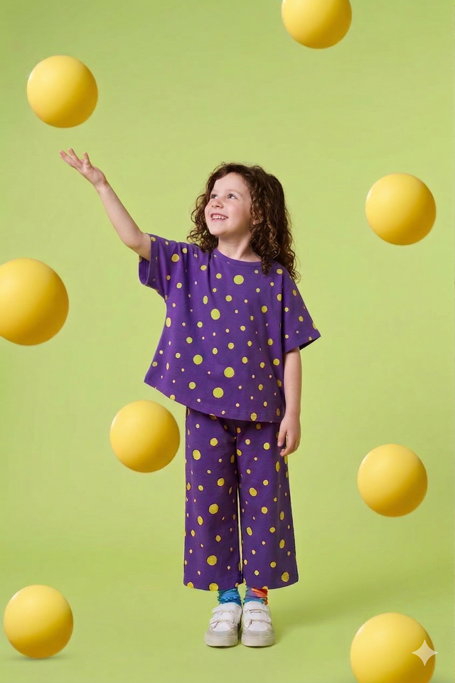 Girl wearing Anaario Green and Blue Polka Dots Co-ord Set