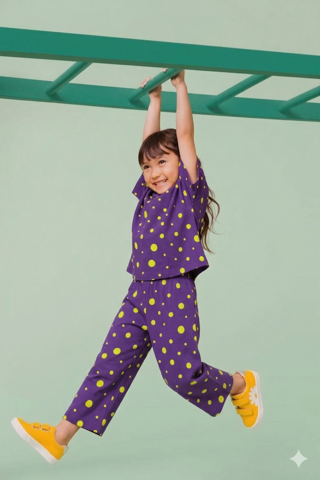 Girl wearing Anaario Green and Blue Polka Dots Co-ord Set