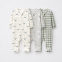 Green Crab & Gingham bamboo baby sleepsuit combo — coordinating full-sleeve two-way zip romper onesies