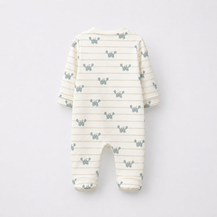 Green Crab & Gingham bamboo cotton baby sleepsuit — footed zip-front sleepsuit, onesie romper