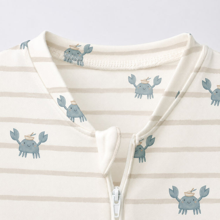 Green Crab & Gingham bamboo cotton baby sleepsuit — bamboo cotton onesie romper flatlay