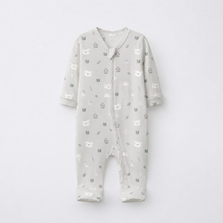 Green Crab & Gingham bamboo cotton baby sleepsuit — full-sleeve baby sleepsuit, zip onesie