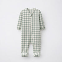 Green Crab & Gingham bamboo cotton baby sleepsuit — two-way zip romper onesie